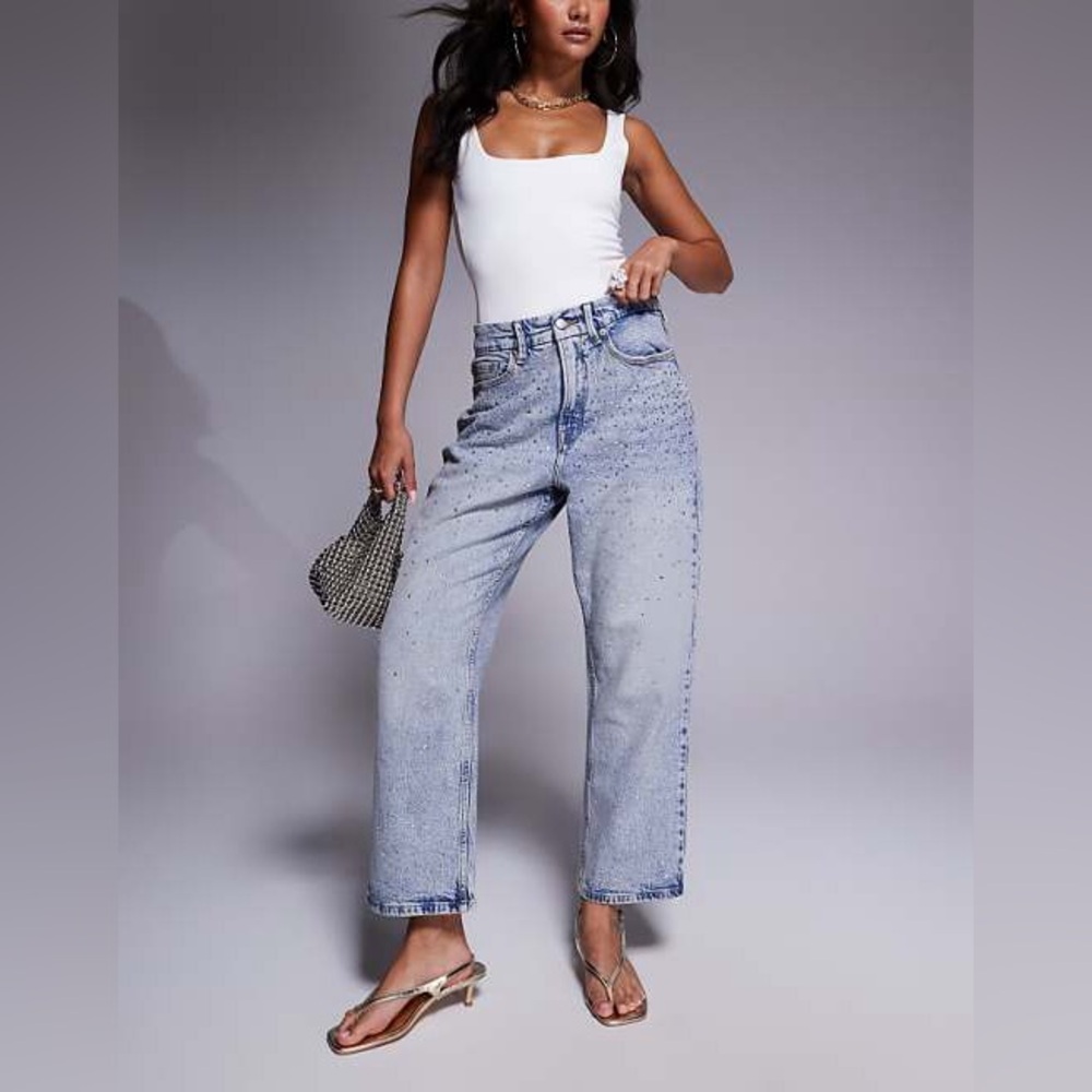 NWT Good American crystal stars good 90s cropped jeans in light blue